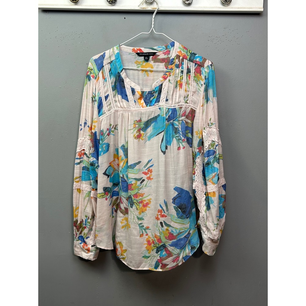 Zac & Rachel Blouse Womens 2X Multicolor Floral Crochet Lace Split Neck Boho